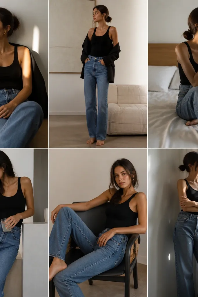 Cozy jeans and black tank top outfit combos