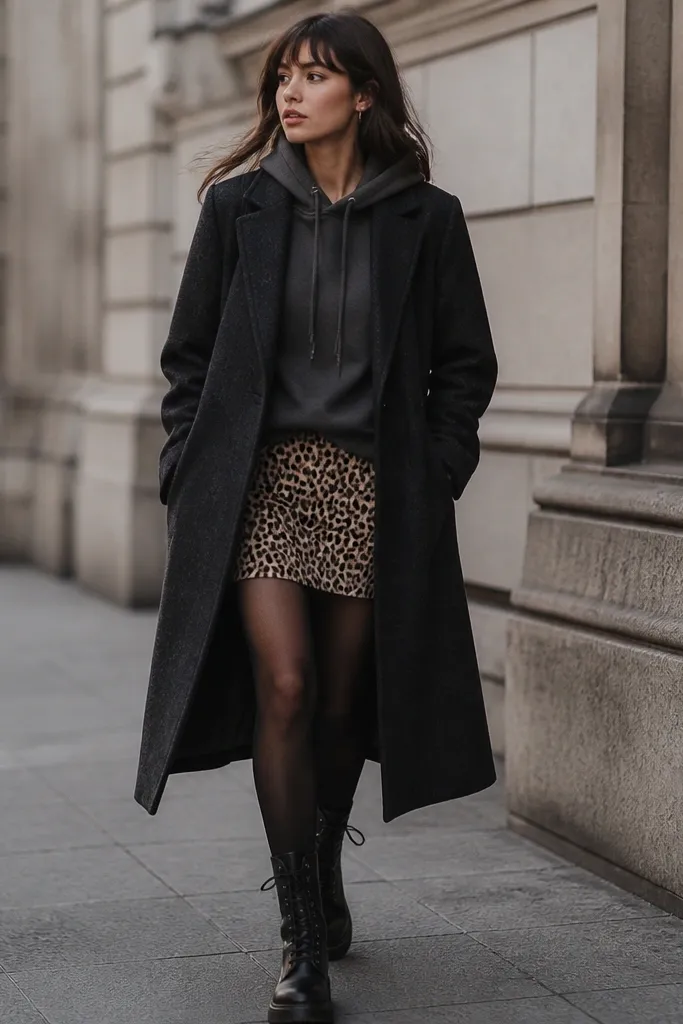 A charcoal grey hoodie worn under a long wool overcoat. The outfit shows a short leopard skirt, black tights, and dark leather lace-up boots.