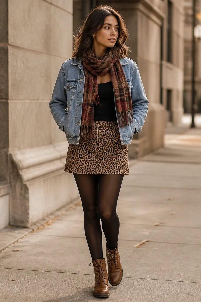 A light blue denim jacket layered over a fitted black top, with a red-and-brown plaid scarf. A short leopard skirt, black tights, and brown lace-up boots are shown.