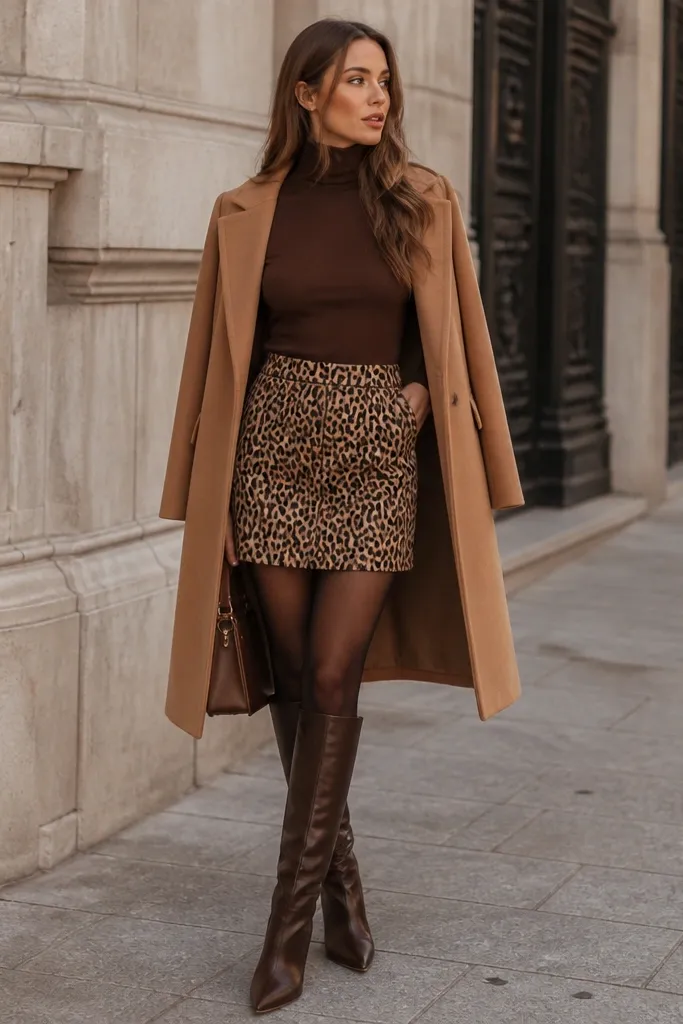 A brown turtleneck tucked into a short leopard skirt, with a camel overcoat hanging open. Dark tights and knee-high boots are visible.