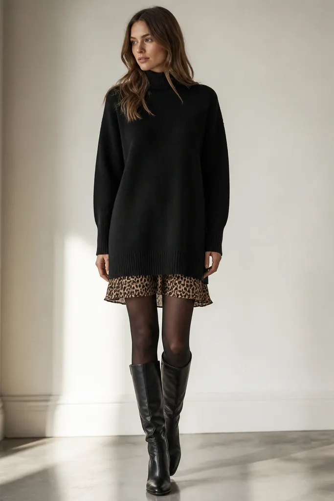 A long black knit top worn like a sweater dress, with the leopard skirt visible underneath at the hem. The outfit includes black tights and tall black boots.