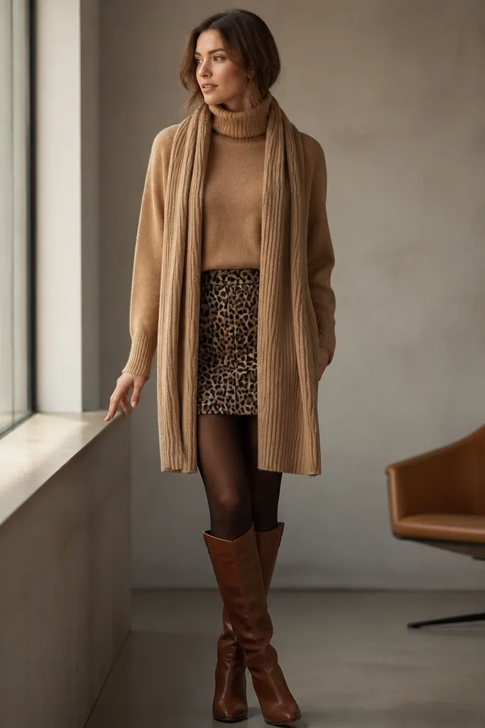 A camel turtleneck layered with a long knit scarf draped down the front. A short leopard skirt, dark tights, and brown boots are visible.