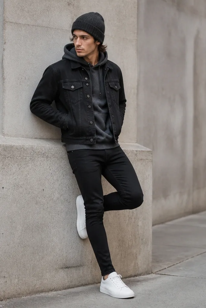 A cropped black denim jacket layered over a charcoal hoodie. Black skinny jeans. Clean white low-top sneakers. A dark gray beanie sits on top of the hoodie collar.
