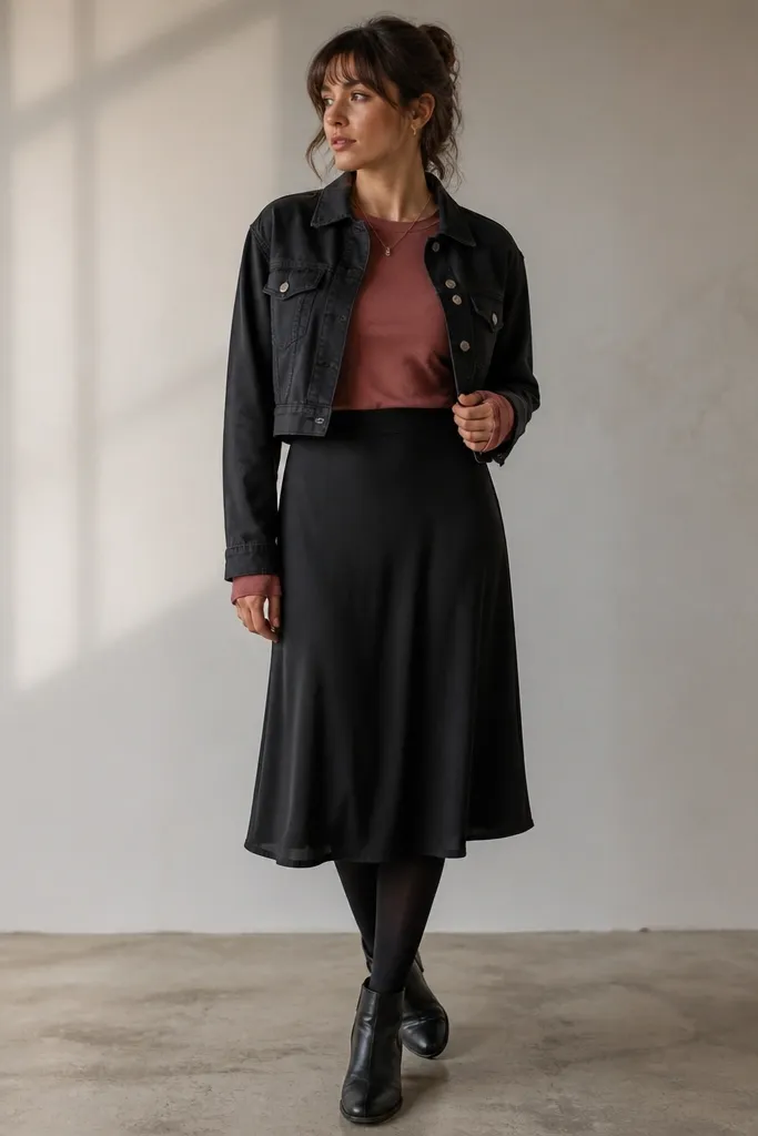 A cropped black denim jacket over a dusty rose long-sleeve top tucked into a black midi skirt. Black tights and black ankle boots. The skirt falls below the knee with a soft, slightly flowy drape.