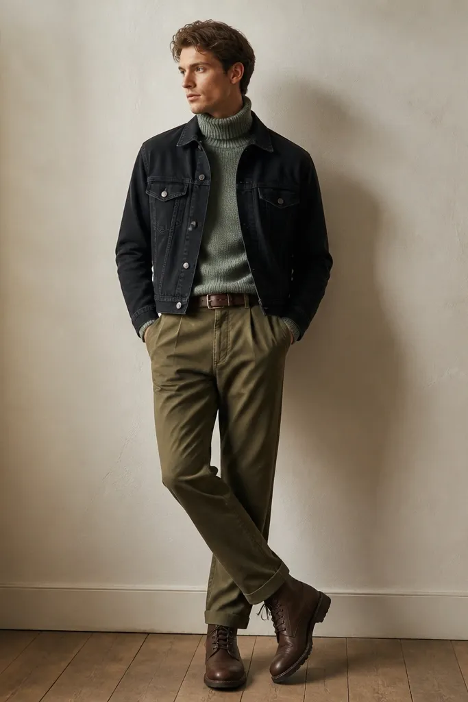 A sage green knit turtleneck under a cropped black denim jacket. Olive chinos with a relaxed straight fit. Brown lace-up boots and a simple leather belt.