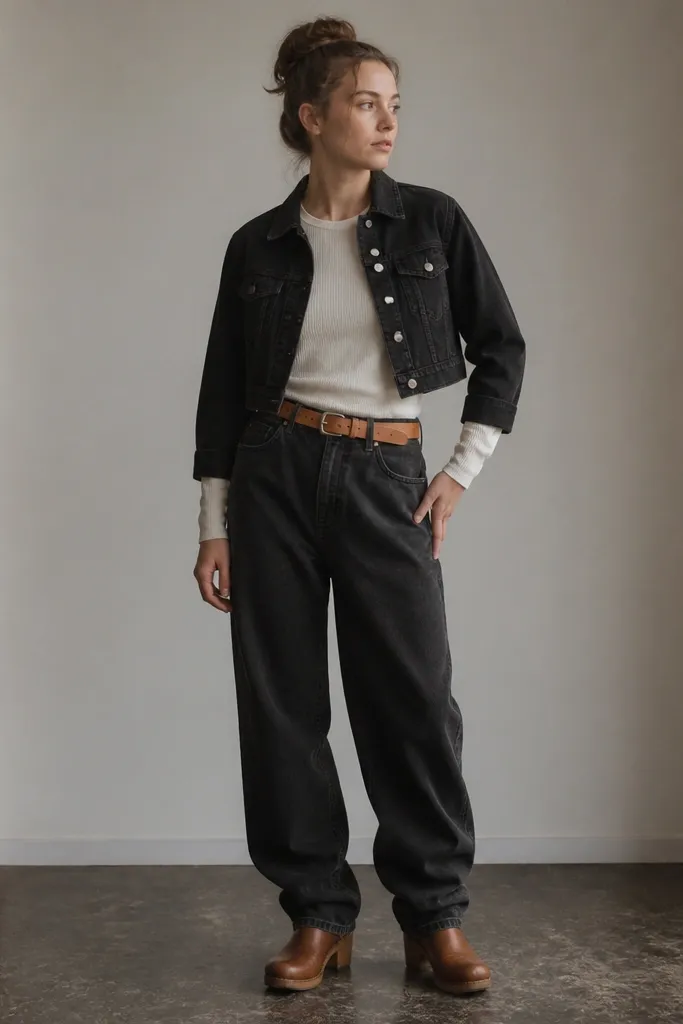 A cropped black denim jacket over a white thermal long-sleeve. Black wide-leg jeans gathered slightly at the ankle. Tan belt. Brown clogs or chunky wooden-style shoes.