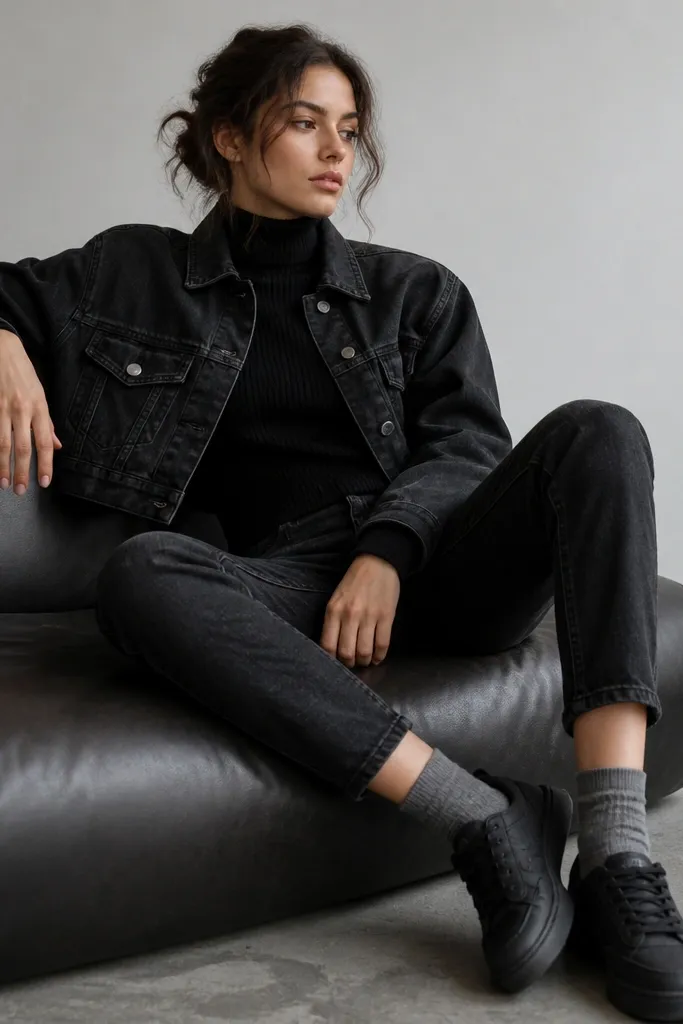 A cropped black denim jacket layered over a ribbed black turtleneck. Black jeans with subtle whisker fading around the thighs. Gray crew socks visible above black sneakers.