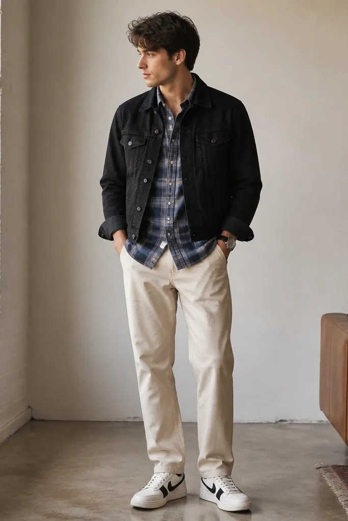 A cropped black denim jacket worn open over a blue plaid flannel. Cream chinos with a straight leg. White-and-black sneakers and a simple watch.