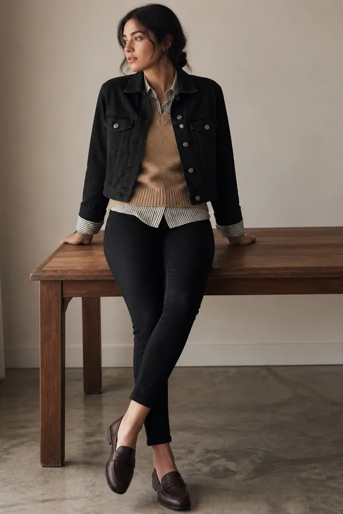A cropped black denim jacket over a camel sweater vest layered on top of a thin striped long-sleeve shirt. Black skinny jeans and dark brown loafers.