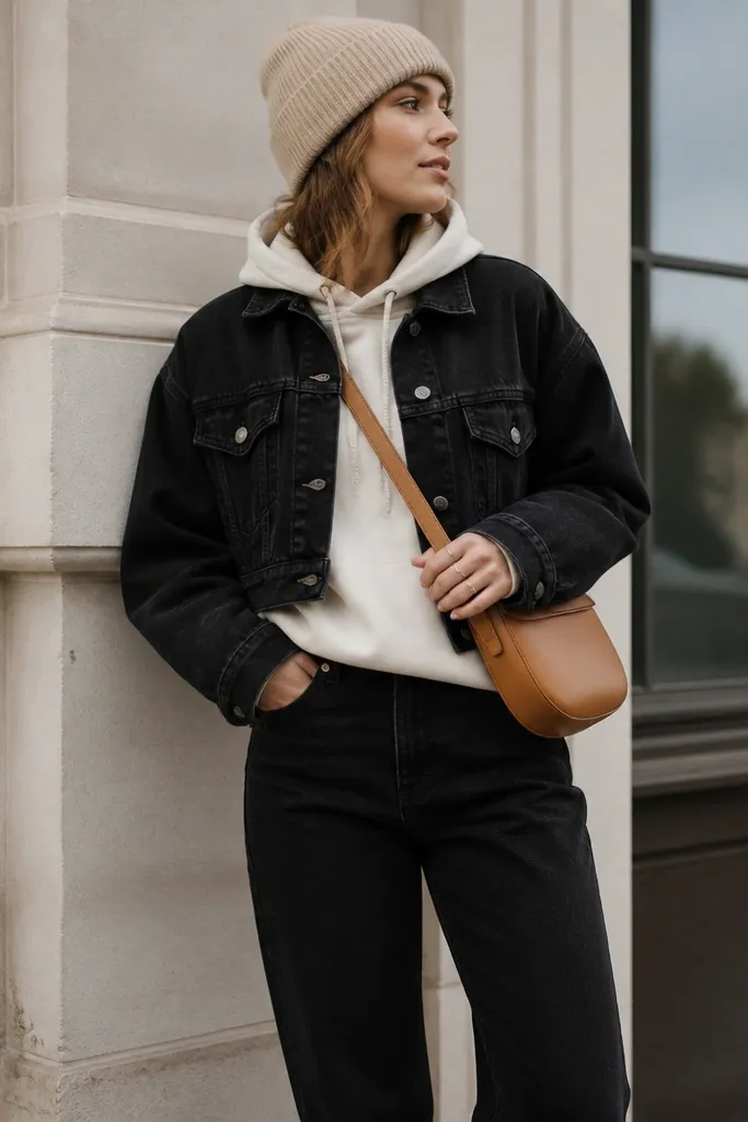 A cropped black denim jacket over an ivory hoodie. Black straight-leg jeans. A camel crossbody bag on the shoulder. Minimal jewelry and a neutral beanie.