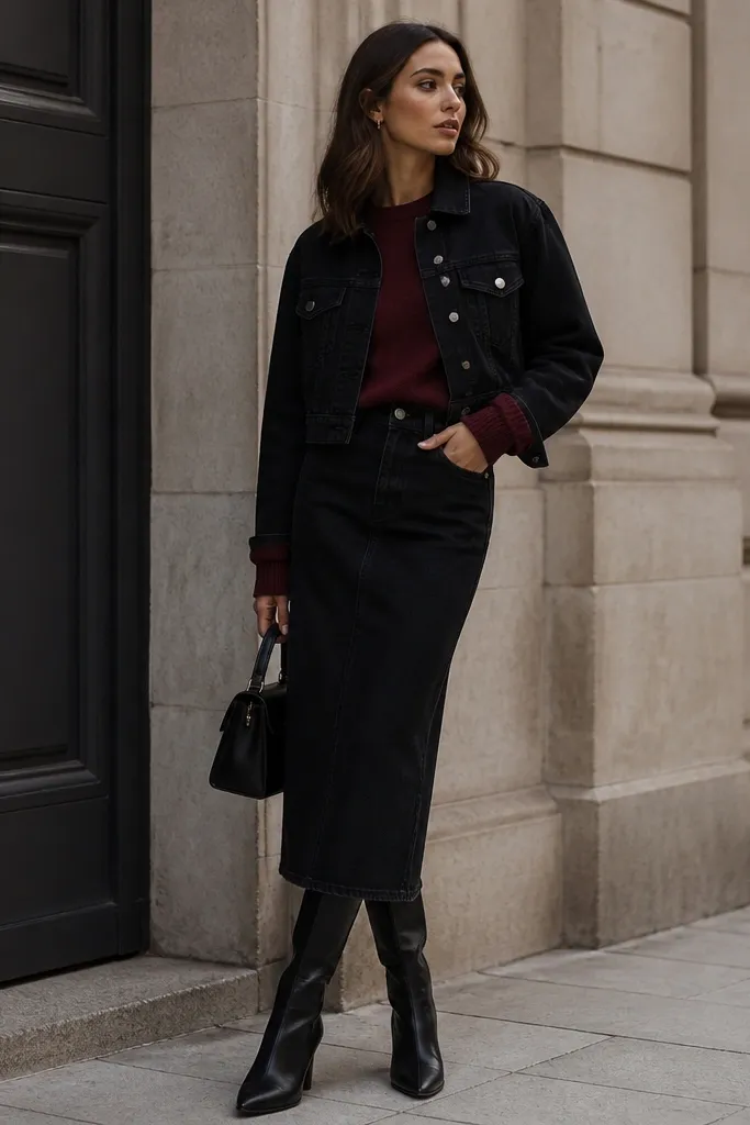 A cropped black denim jacket layered over a burgundy knit sweater. A black denim skirt that hits mid-calf. Knee-high boots and a small structured handbag.