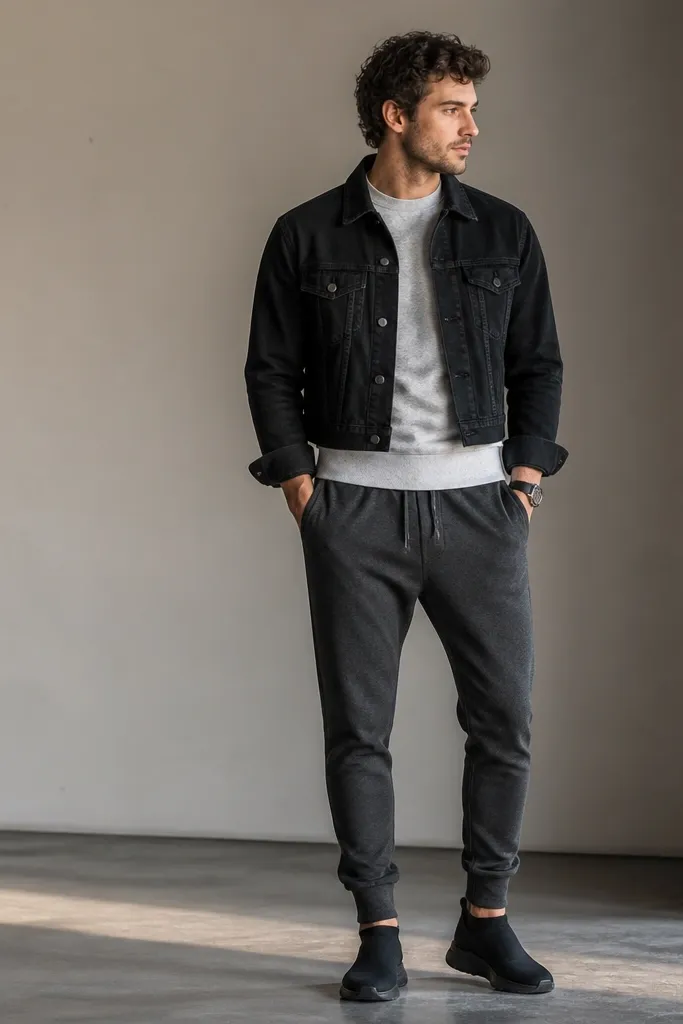 A cropped black denim jacket over a light gray sweatshirt. Charcoal joggers with a tapered ankle. Black slide sneakers and a simple watch.
