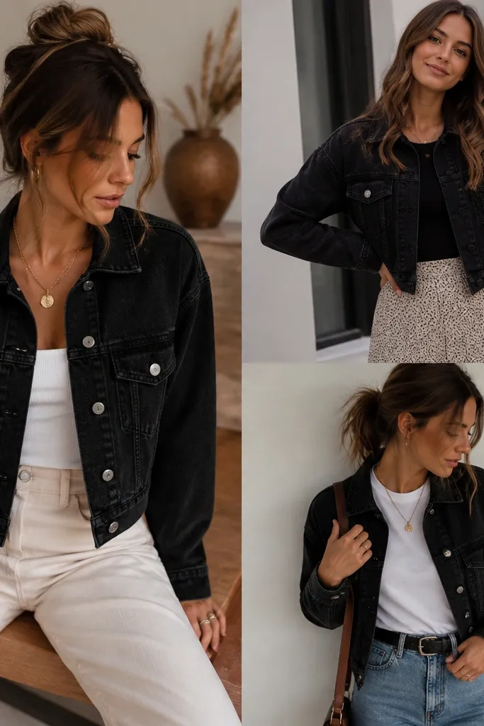 Cozy cropped black denim jacket outfit ideas