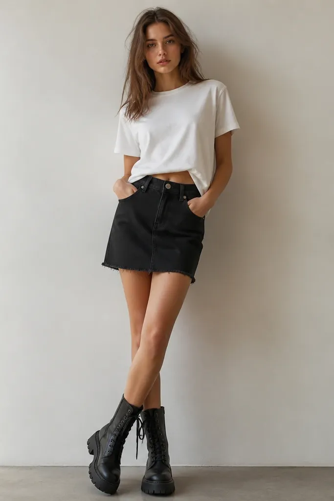 A white graphic t-shirt tucked into a black denim skirt; chunky black combat boots; the hem of the tee is slightly cropped at the front.