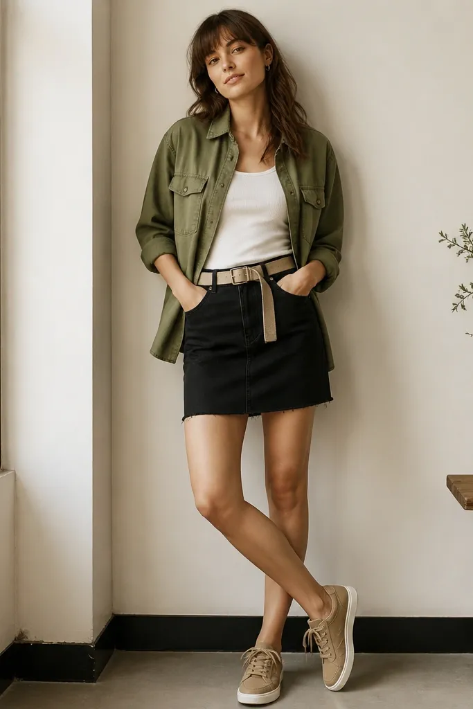 A black denim skirt paired with an olive green utility button-up shirt worn open over a white tank; tan sneakers and a canvas belt.