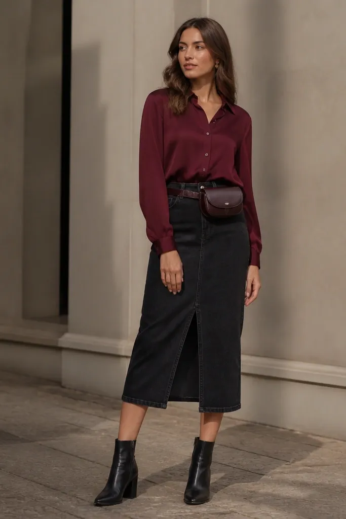 A black denim skirt with a burgundy button-up tucked at the front; a small belt bag worn across the waist; ankle boots.