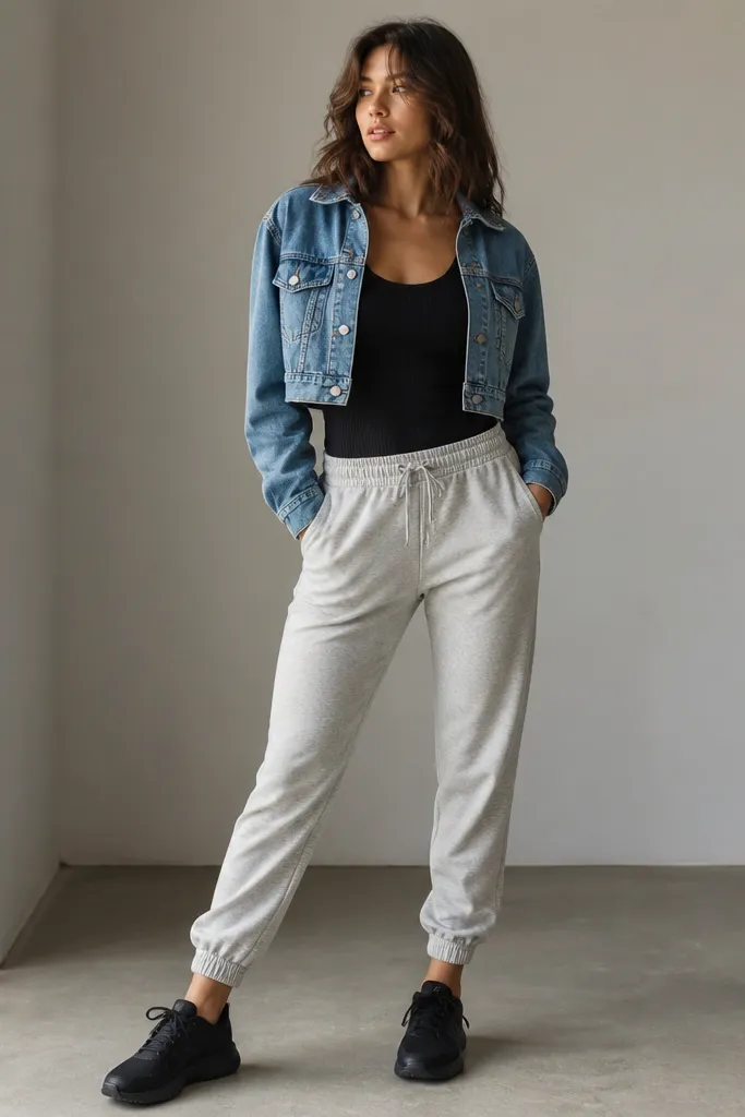 Heather grey joggers paired with a black ribbed tank and a cropped medium-wash denim jacket. The jacket ends around the upper hip, and the outfit is finished with black sneakers.
