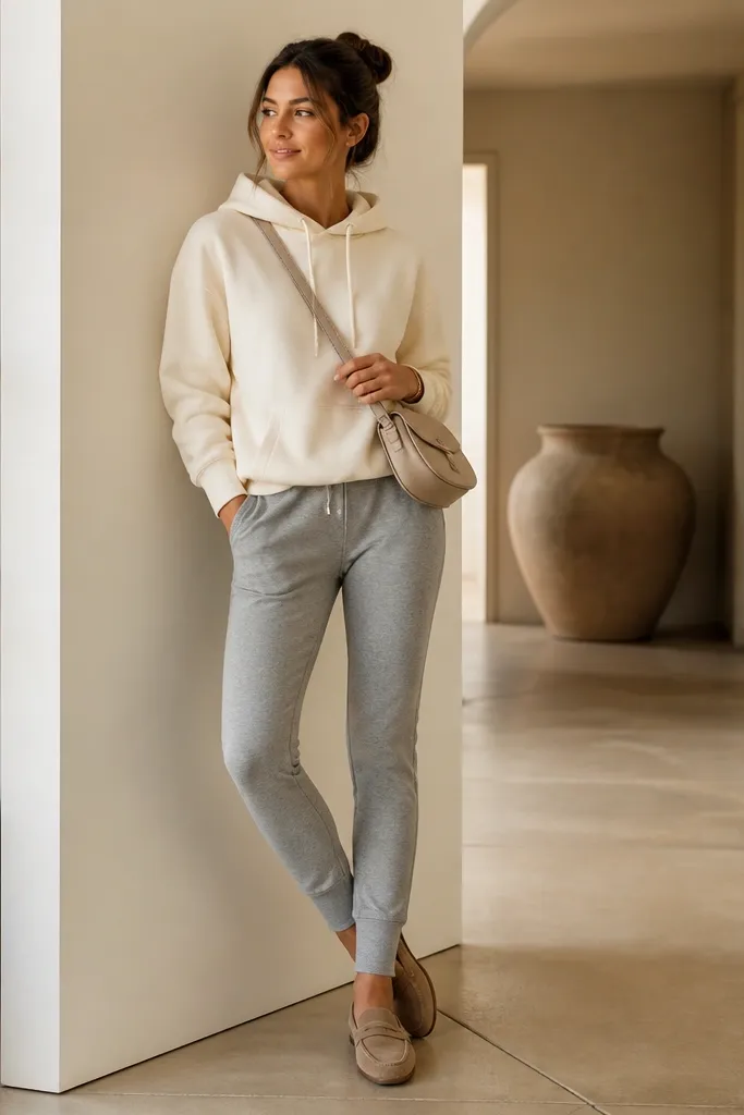 A cozy cream hoodie worn over a fitted grey jogger, with tan suede loafers and a small crossbody bag. The joggers have a tapered fit and visible cuff detail.