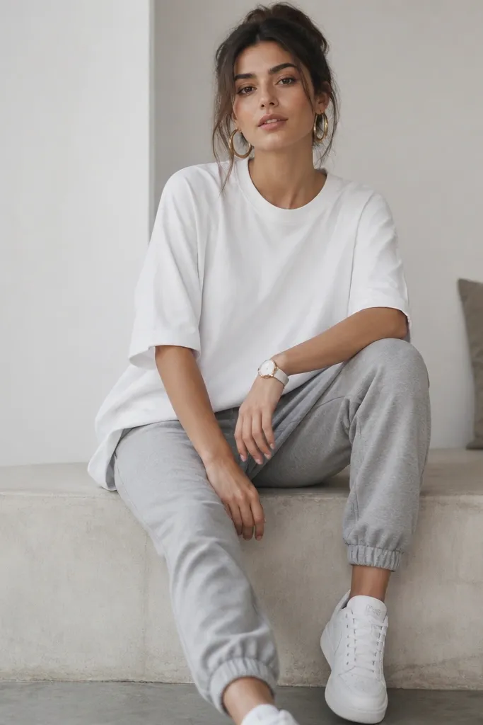 Longline white tee draped over grey joggers, with gold hoop earrings and a simple watch. The tee hem falls over the waistband, and the sneakers are clean white.