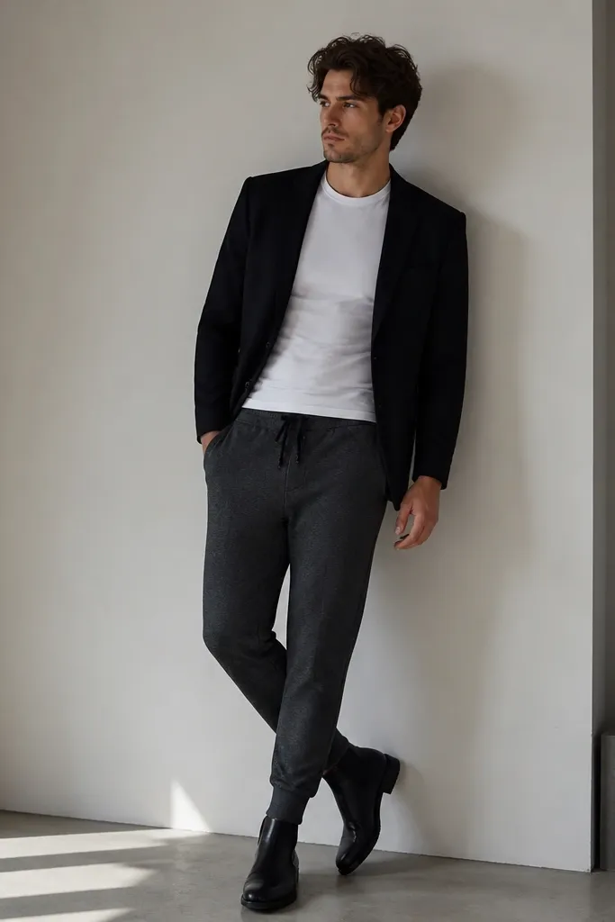 Charcoal grey joggers paired with a black blazer worn open over a fitted white tee. The blazer hem hits mid-hip and the outfit includes sleek black ankle boots.