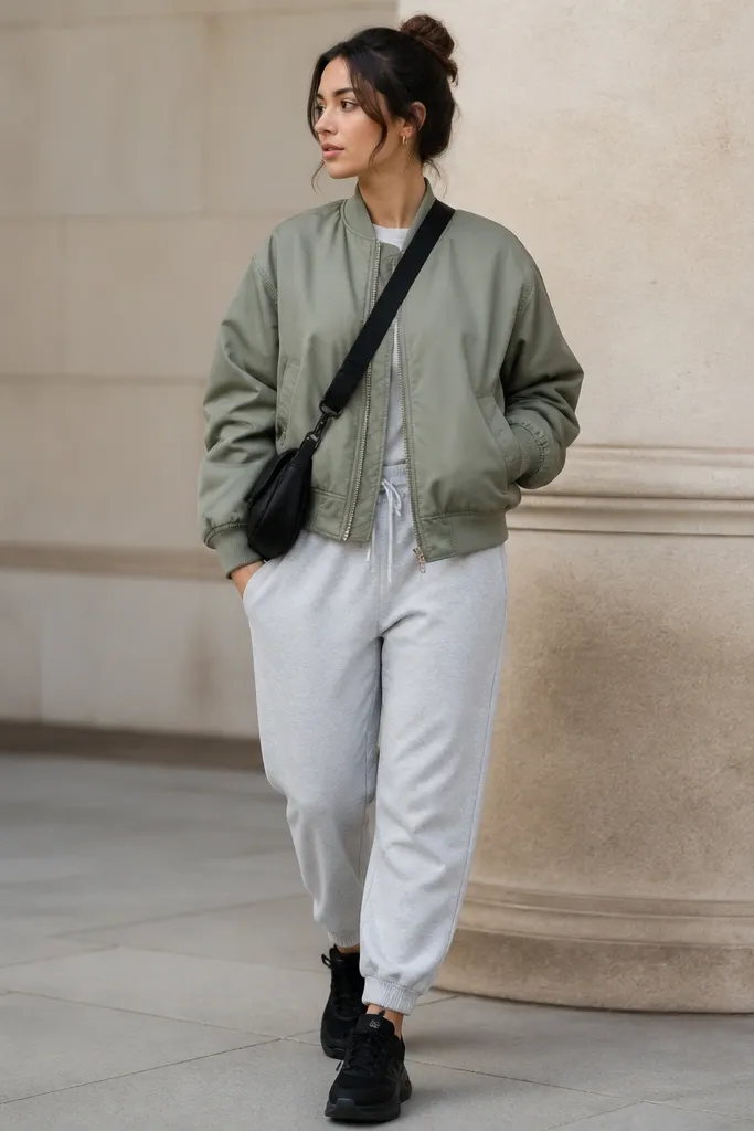 Sage green bomber jacket over grey joggers, with black sneakers and a small crossbody bag. The bomber has a ribbed collar and waistband.