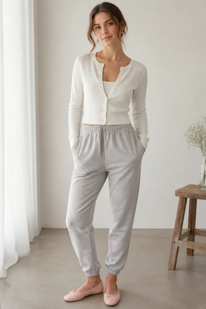 A white cropped cardigan over a fitted top, paired with grey joggers and soft pink ballet flats. The cardigan ends at the high waist area.
