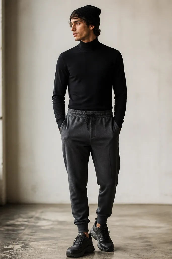 A fitted black turtleneck tucked into charcoal grey joggers with a tapered leg. Chunky sneakers and a black beanie sit at the top of the outfit.