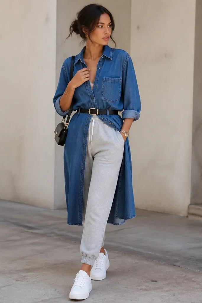 A denim shirt dress worn open over grey joggers, with a belt cinched at the waist. The model wears white sneakers and a small shoulder bag.
