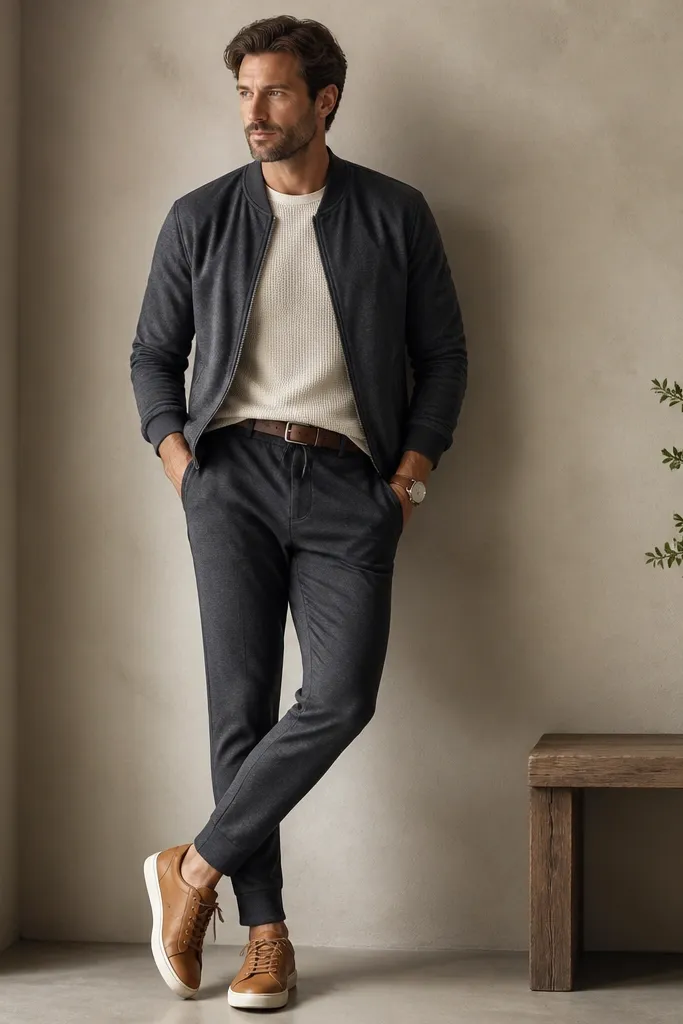 Charcoal tapered joggers paired with a cream knit tee tucked at the front, a charcoal bomber jacket, and tan leather sneakers. A belt and a simple watch are visible.