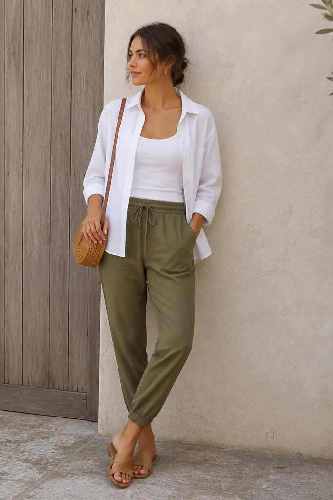 Olive tapered joggers with a white fitted tank underneath. A white button-up is worn open like a light overshirt, with the collar relaxed. Minimal sandals and a small crossbody bag complete the look.
