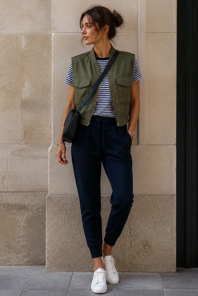 Navy tapered joggers paired with a thin navy-and-white striped tee. A cropped olive utility vest sits over the tee. White sneakers and a crossbody bag are shown.