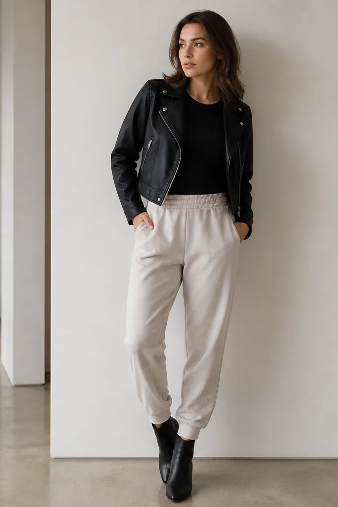 Oat or beige joggers with a black fitted tee tucked in. A short black moto jacket sits above the waistline. The shoes are black ankle boots or sleek flats.