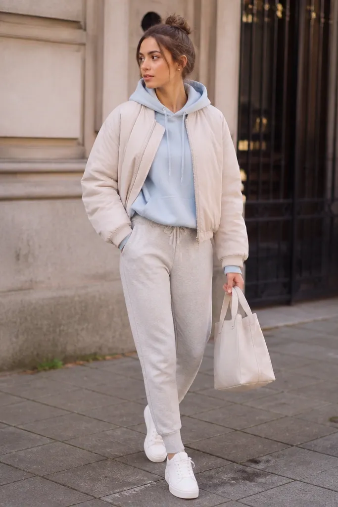 Light gray tapered joggers with a soft pastel hoodie (powder blue or blush) layered under a cropped bomber. White sneakers and a small tote are visible.
