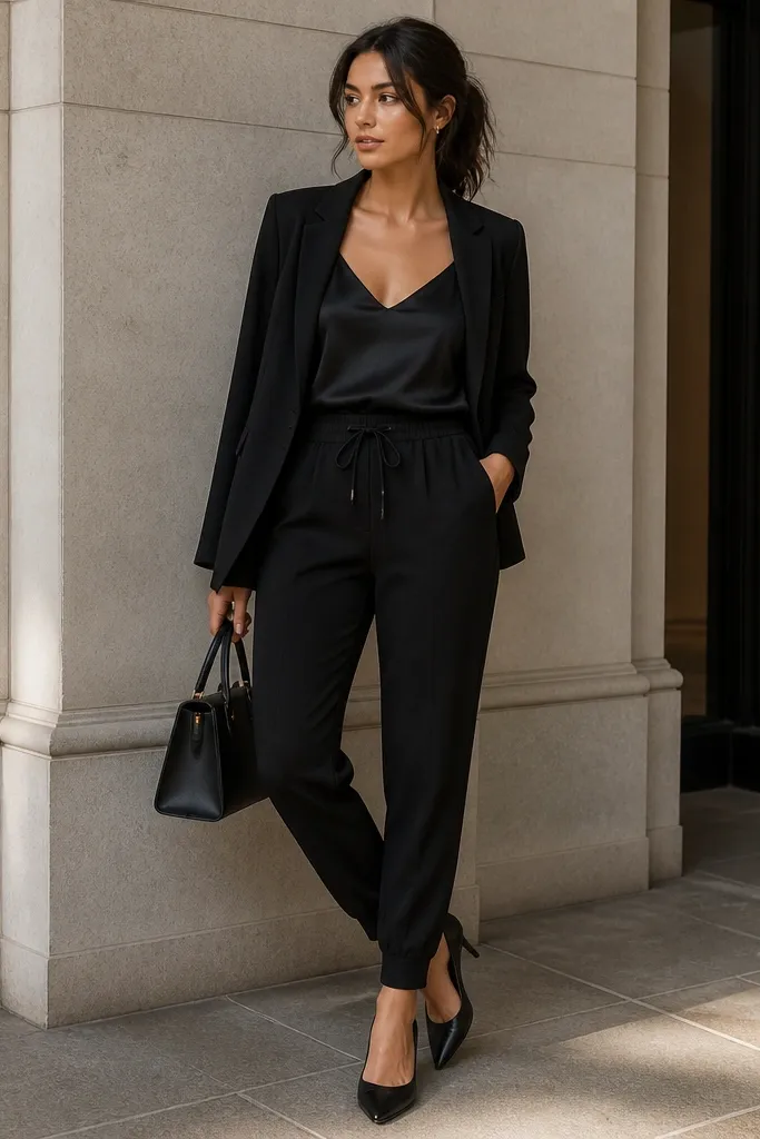 Black tapered joggers with a champagne or black satin camisole tucked in. A tailored blazer sits over it. Pointed flats or low heels and a structured bag are shown.