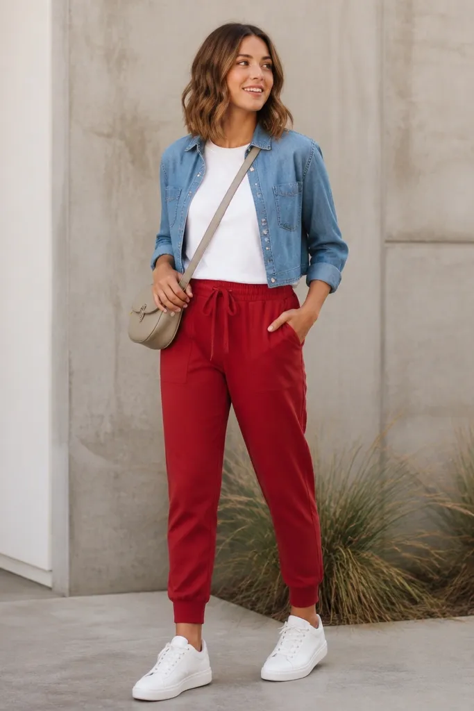 Red tapered joggers paired with a white tee tucked in. A cropped chambray shirt is worn open. White sneakers and a crossbody bag with a neutral tone are shown.