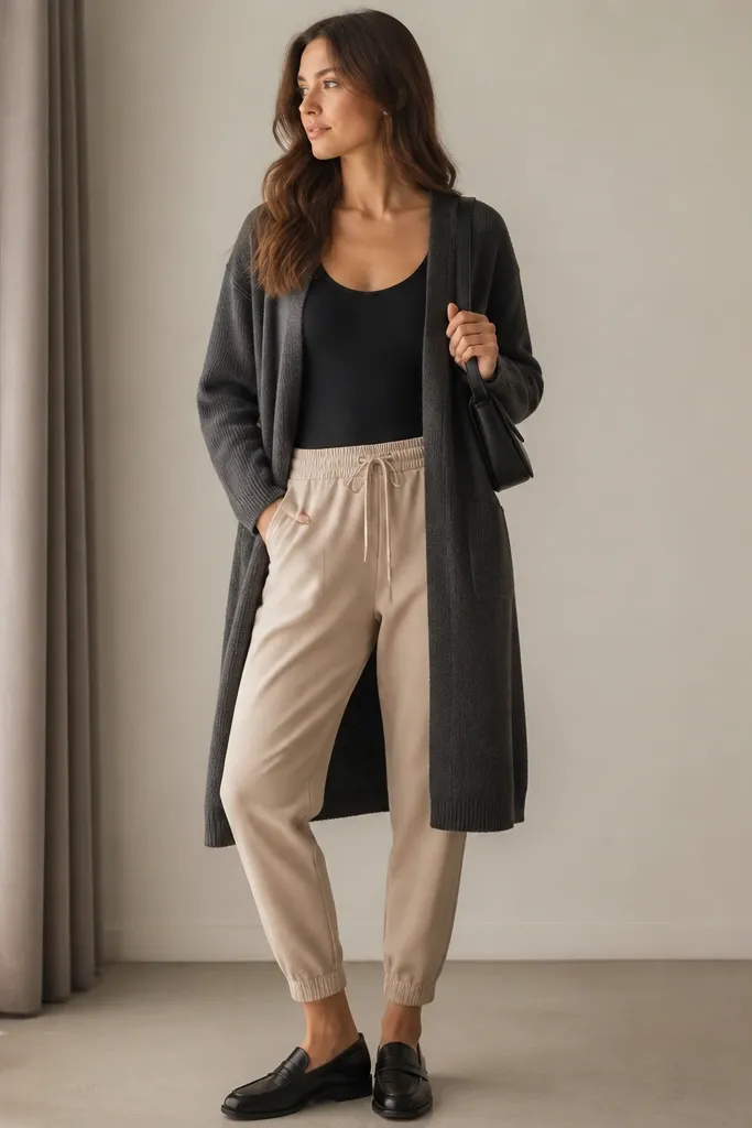 Nude-beige joggers with a black bodysuit tucked in. A longline cardigan in dark gray falls past the hips. Black loafers and a shoulder bag are visible.