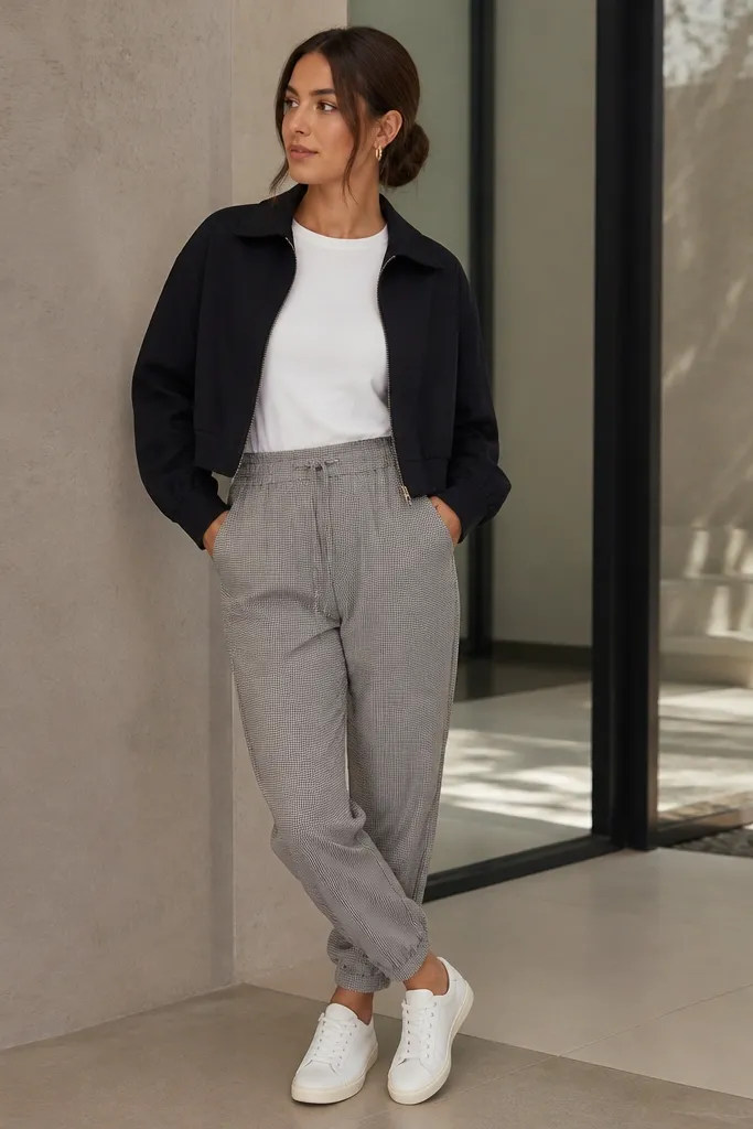 Joggers with a small subtle pattern (micro check or minimal stripe) paired with a plain solid white top tucked in. A cropped jacket in black or navy sits on top. Clean sneakers and small earrings complete it.