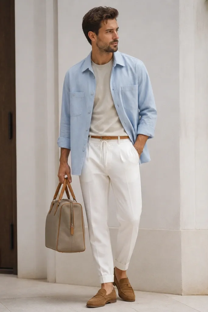 White joggers paired with a light blue shirt-jacket worn open over a neutral tee. A tan belt is visible at the waist. Tan loafers and a structured bag are shown.