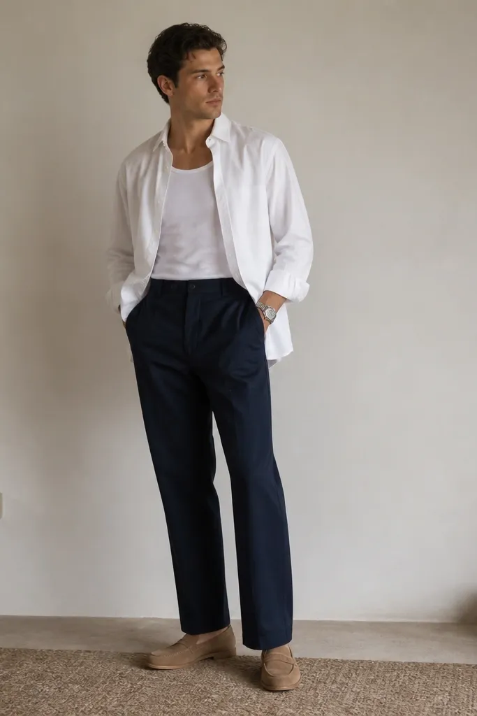 A white tank with a crisp open white button-up hanging straight down. The pants are navy, full length, with a relaxed straight leg. The shoes are tan loafers and the image shows a simple watch.