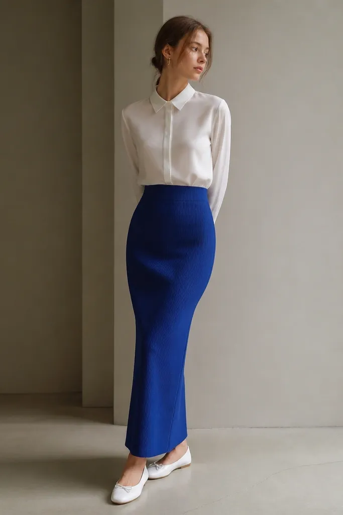 A white tank tucked into a cobalt knit skirt that sits high on the waist. A white button-up is buttoned fully, creating a smooth column. The outfit includes white ballet flats and small silver hoops.