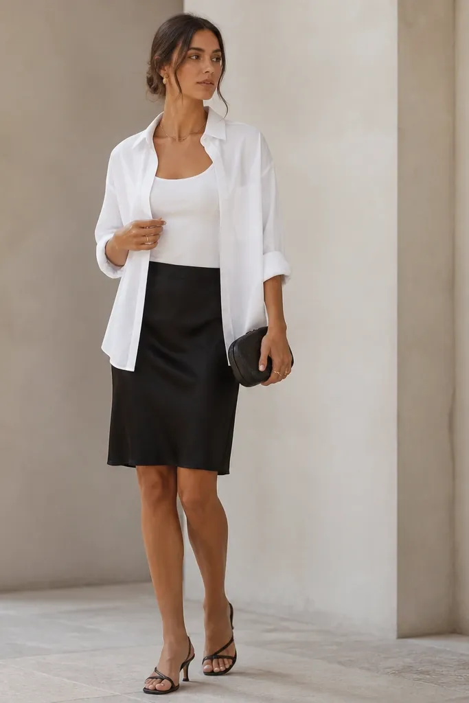 A white tank with a slightly loose open white button-up. The bottom is a black satin slip skirt that falls just above the knee. The shoes are heeled sandals and the photo shows a small clutch.
