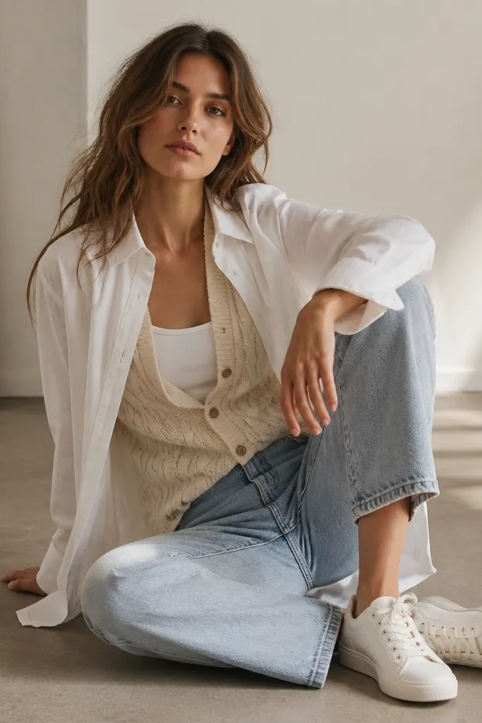 A white tank under a cream cable-knit cardigan. A white removable button-up is layered open over the cardigan. The bottom is light-wash straight denim jeans and white sneakers.
