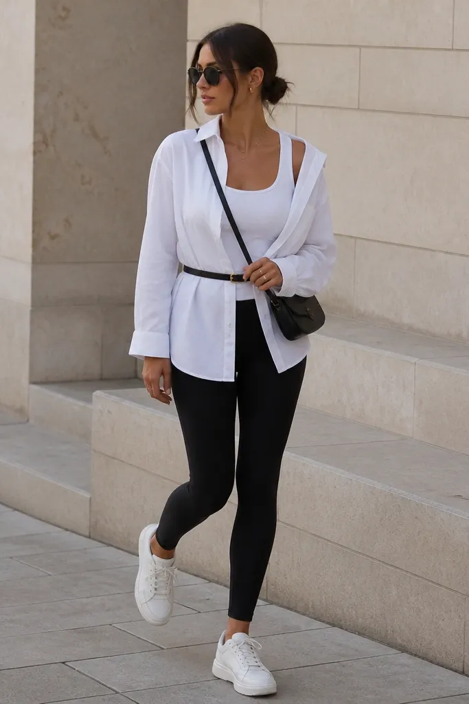 A fitted white tank with black leggings. A white button-up is worn open and belted at the waist with a thin black belt. The shoes are white trainers and the photo shows a crossbody strap.