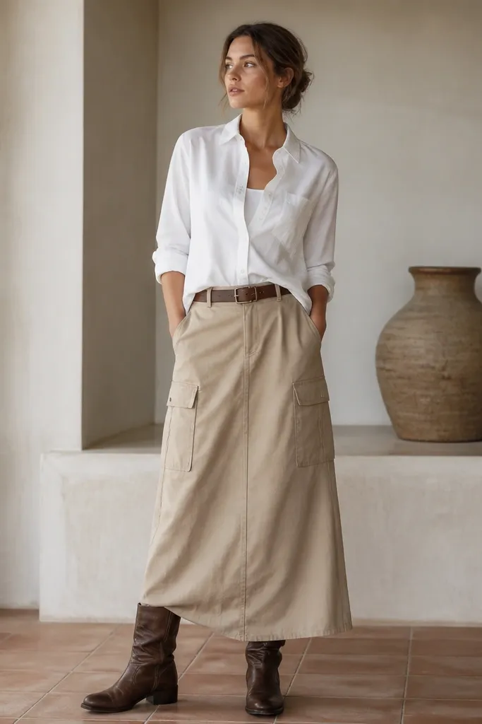 A white tank tucked into a tan cargo skirt with side pockets. A white button-up is buttoned and slightly cropped at the hem. The outfit includes brown boots and a belt.