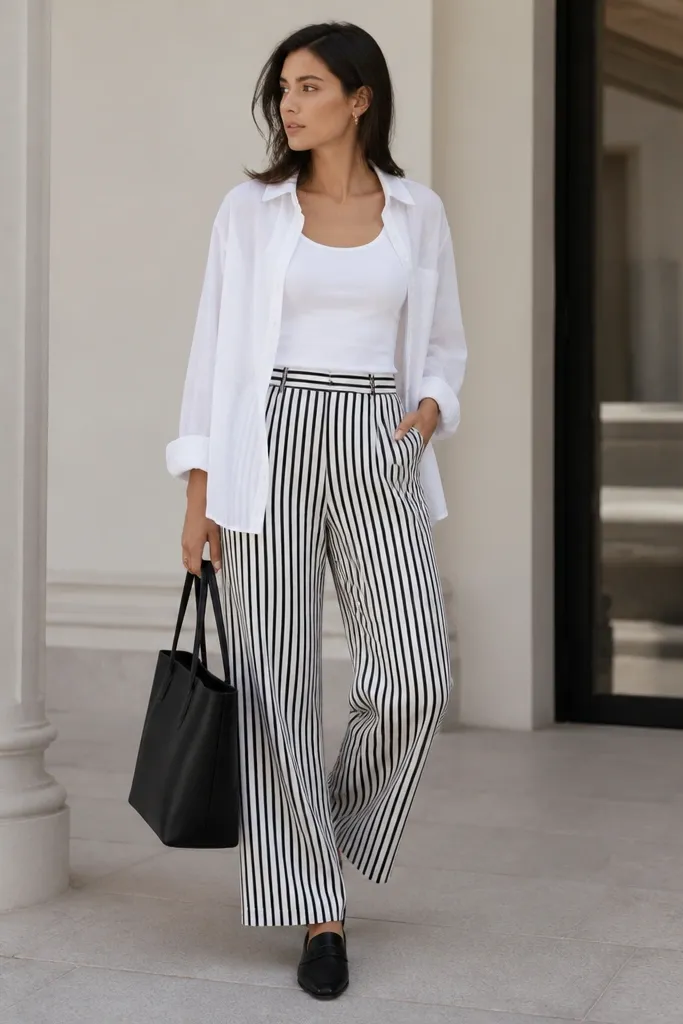A white tank with a crisp white shirt worn open over it. The trousers are black-and-white striped, full length. The shoes are black loafers and the photo shows a structured tote.