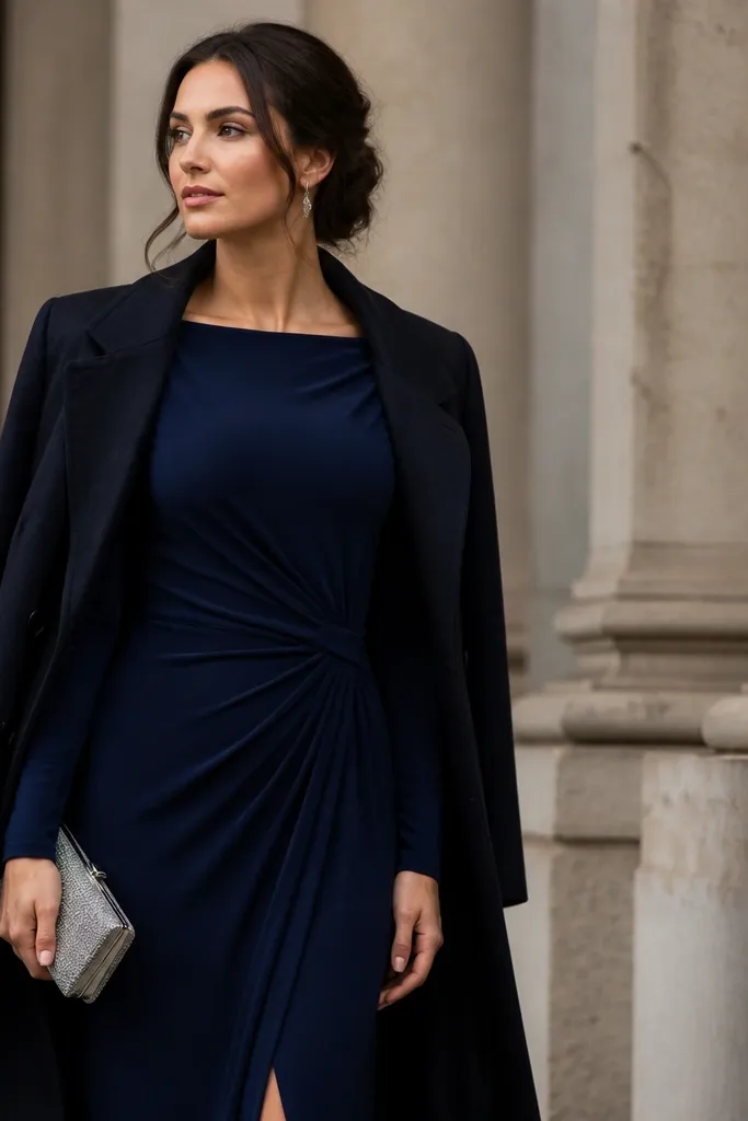 A deep navy long sleeve evening dress styled with a silver-toned clutch, delicate silver earrings, and a dark coat.