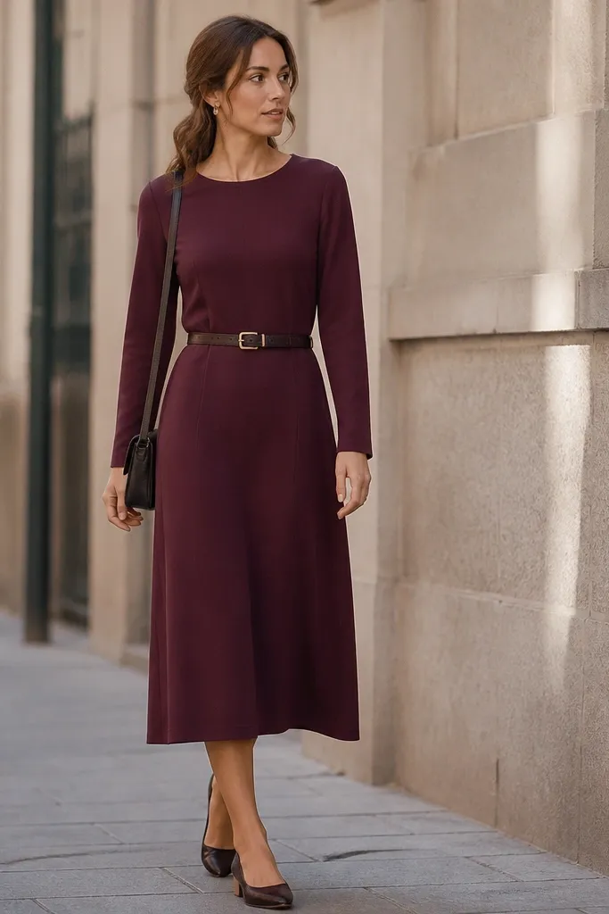 A straight-cut long sleeve dress with a 1-inch leather belt cinching the waist, paired with low heels and a small crossbody.