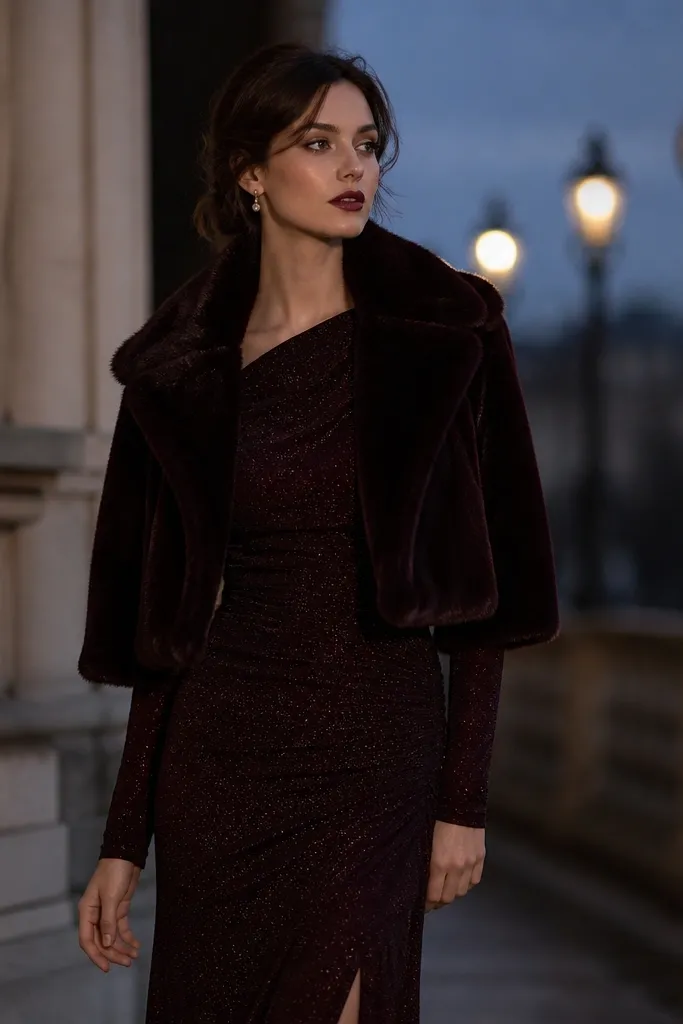 A long sleeve winter evening dress under a cropped faux-fur jacket, with burgundy lipstick and small drop earrings.