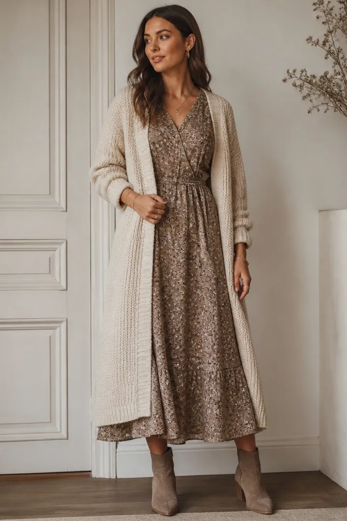 A long sleeve dress layered with a long knit cardigan, styled with delicate jewelry and ankle boots.