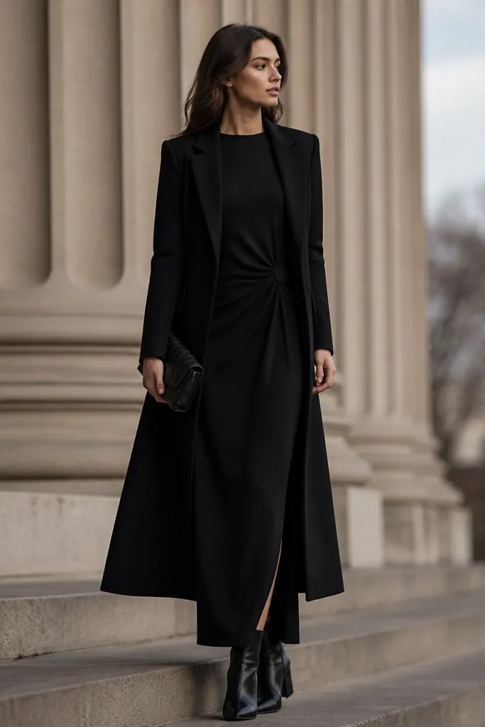 An all-black outfit: long sleeve evening dress, long black coat, black ankle boots, and a black clutch.